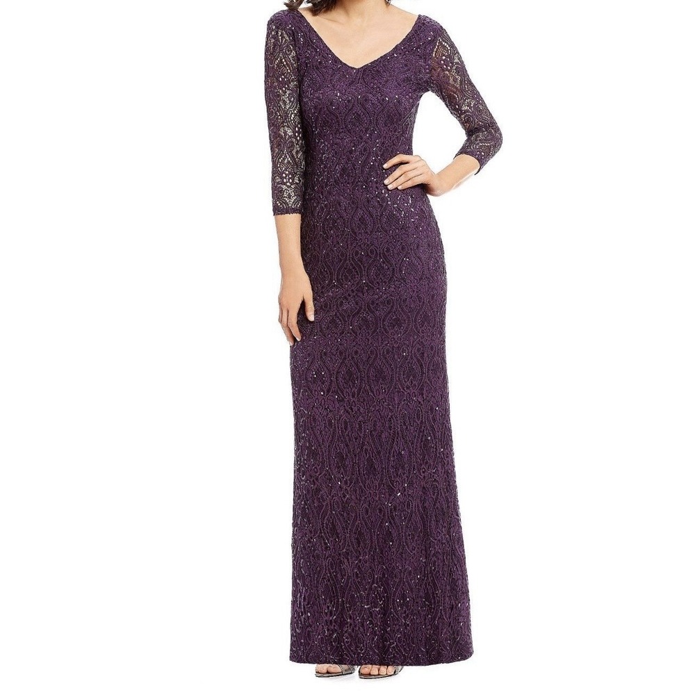 Marina Sequin Lace Purple Evening Formal Dress 3/4 Sleeve Size 14 Wedding Guest